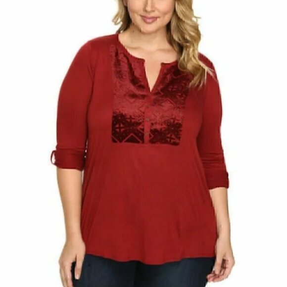LUCKY BRAND Plus Size Burnout Velvet Bib Henley Top Burgundy Maroon Red Roll Tab - Picture 4 of 14